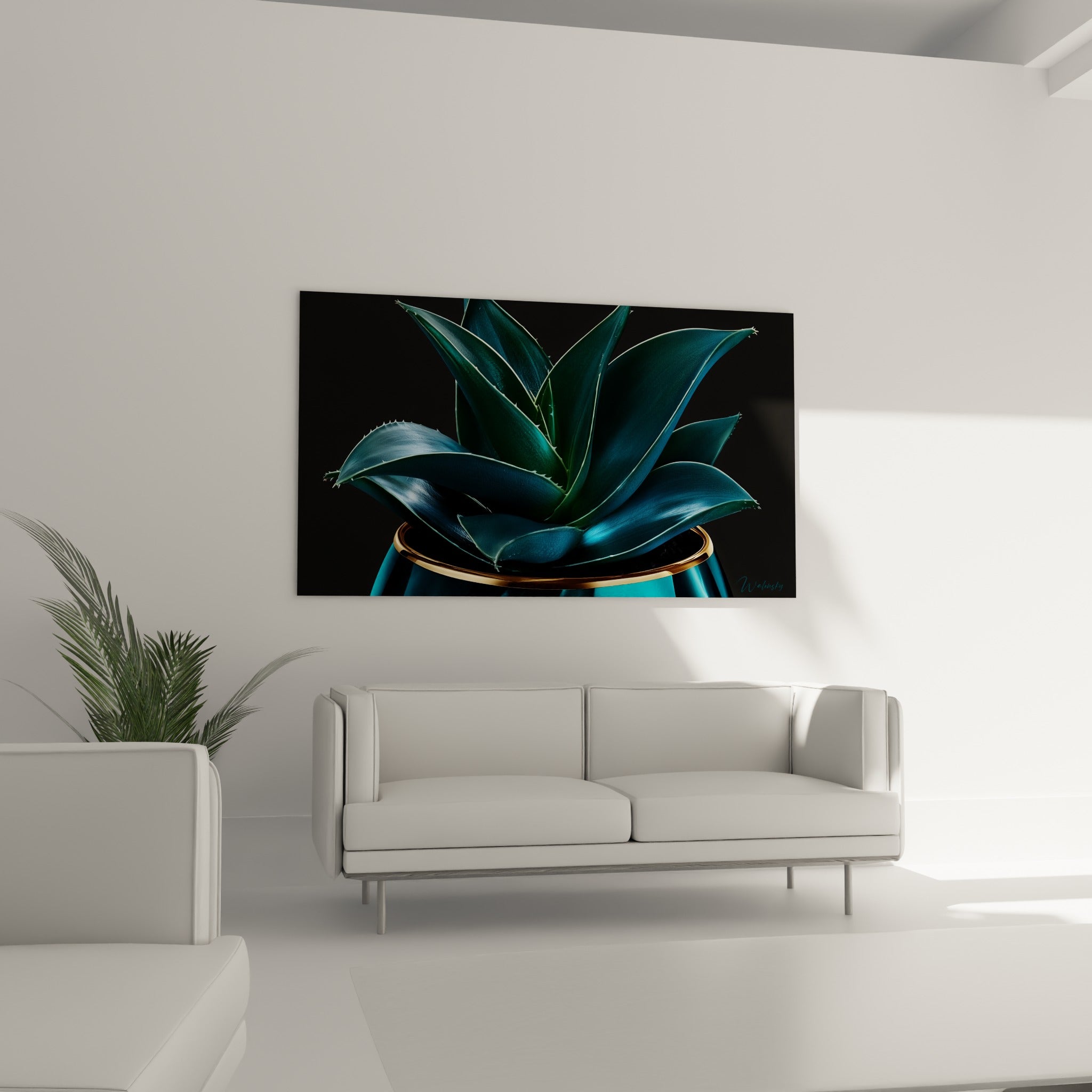 Aloe vera turquoise et anthracite, contours lumineux nets, disposé au-dessus d'un canapé dans un salon lumineux