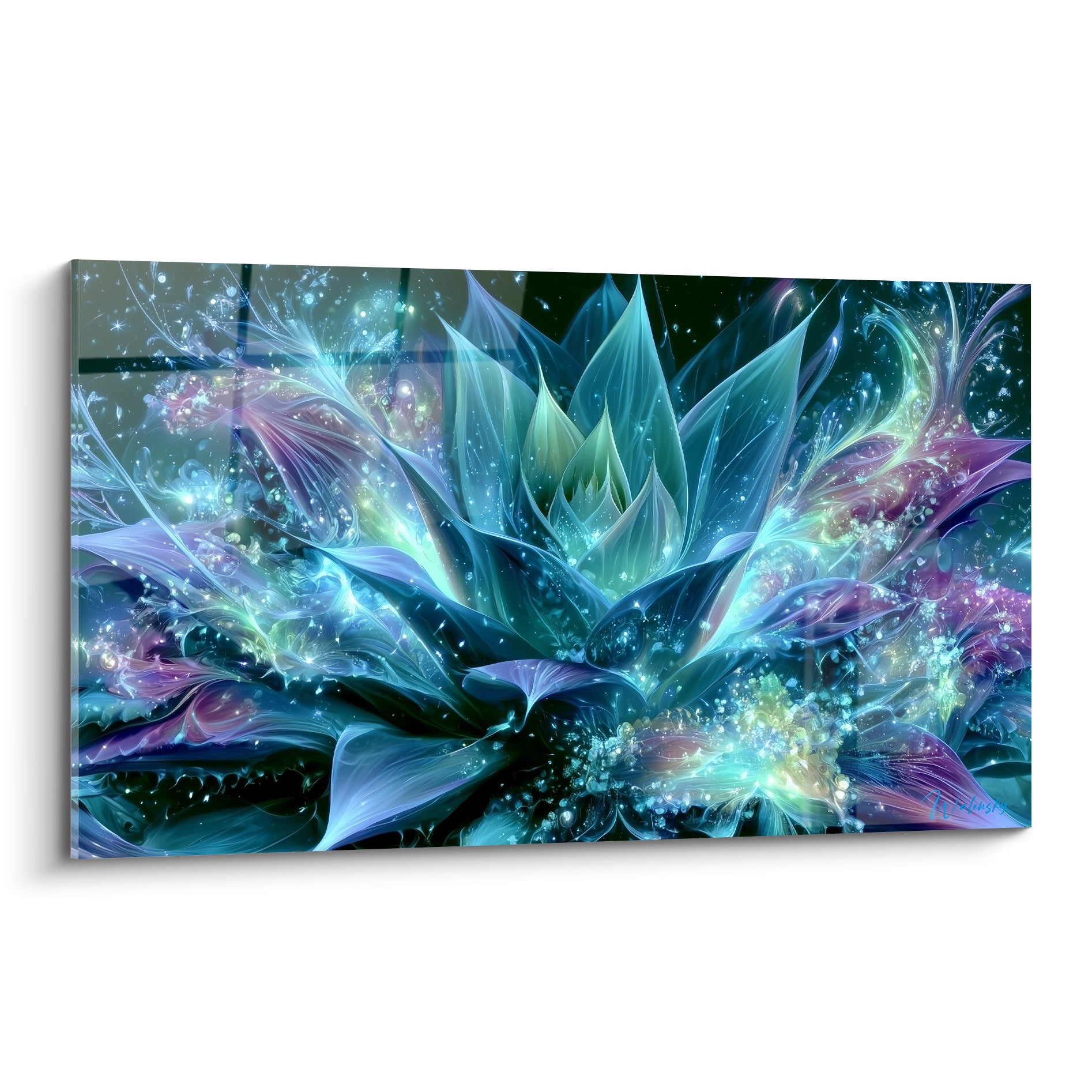 Aloe vera turquoise et violet aux feuilles cristallines, éclats lumineux sur fond sombre profond