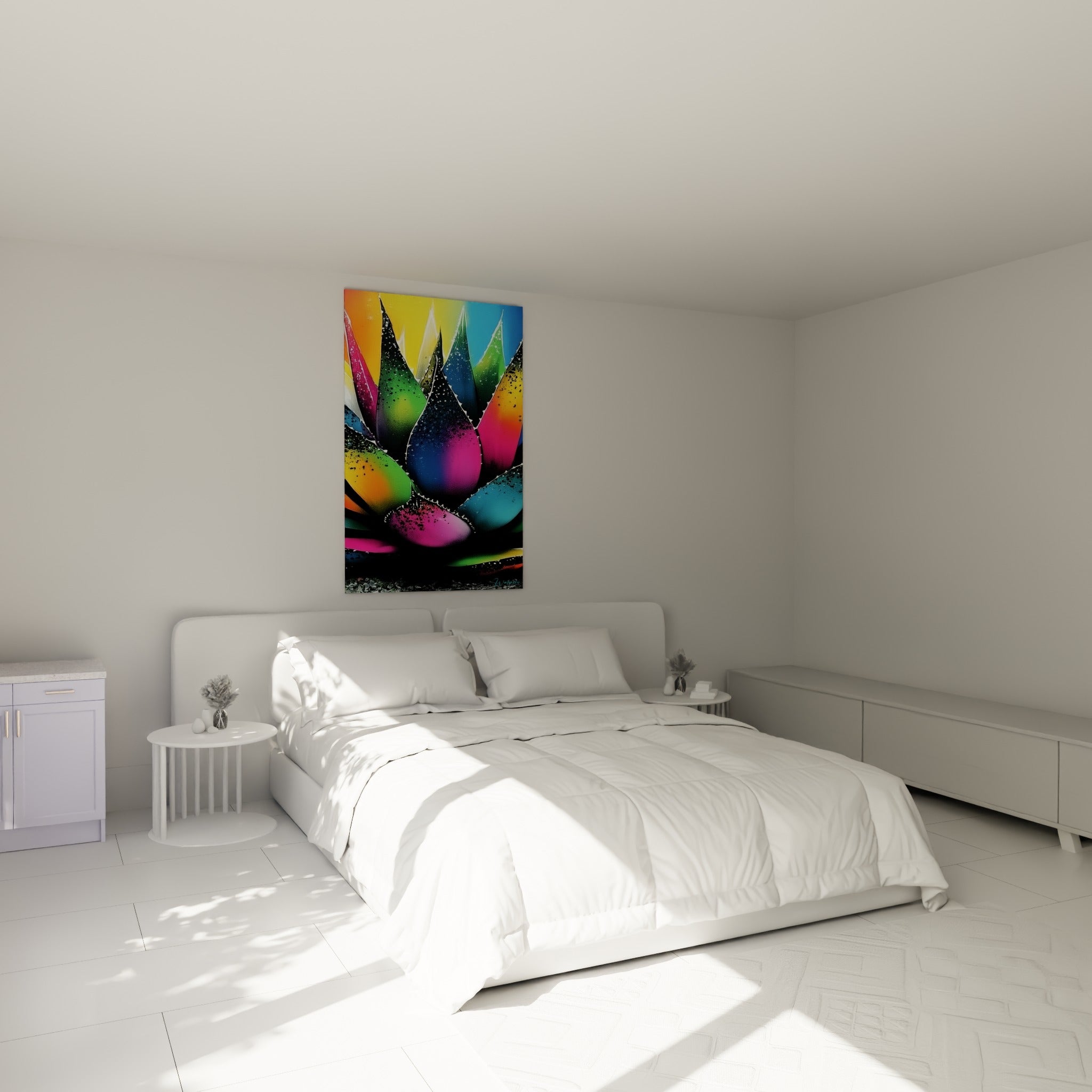 Rosette d'aloe vera multicolore aux teintes turquoise et fuchsia accrochée au-dessus d'un lit dans une chambre claire