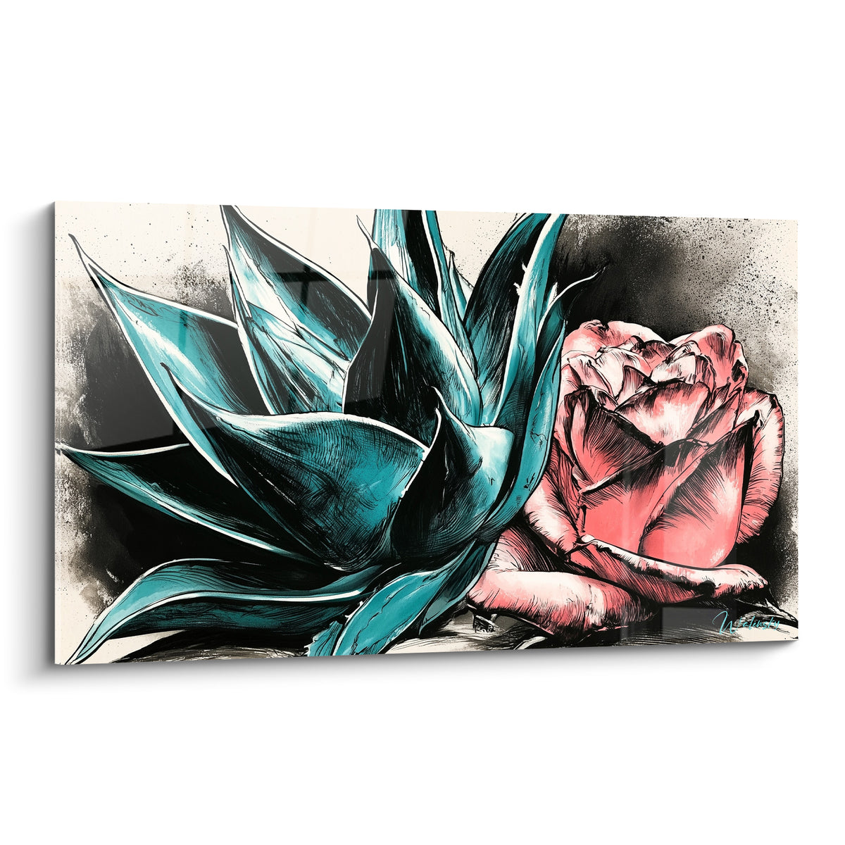 Aloe vera aux feuilles turquoise pointues face à une rose rose poudré, fond crème encré