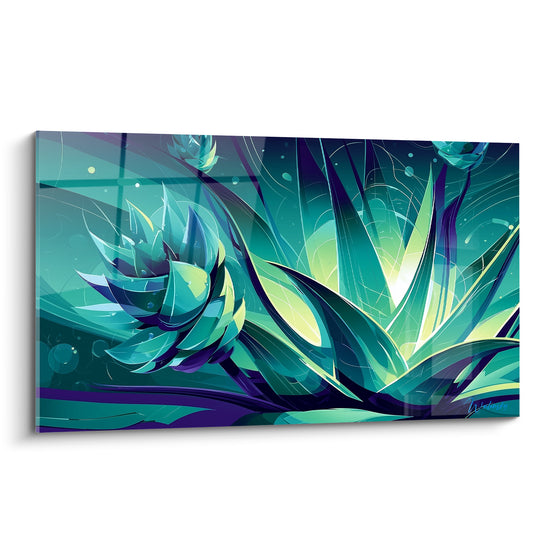 Aloe vera turquoise et violet aux feuilles lumineuses dans un style graphique nocturne saisissant