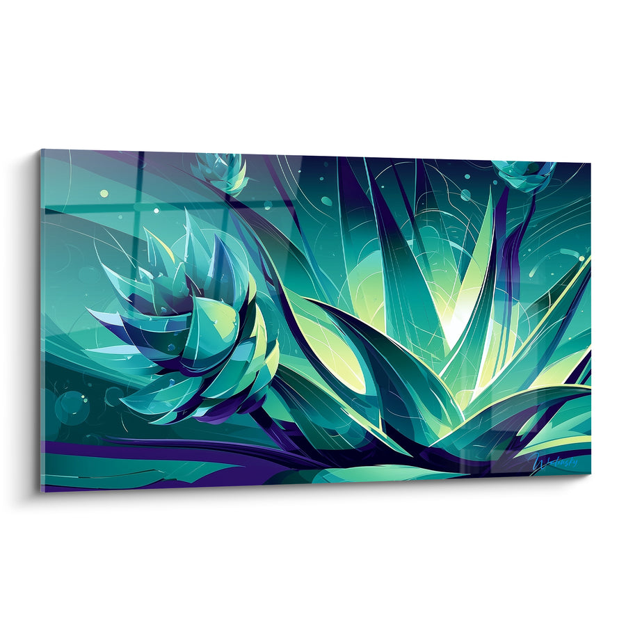 Tableau Aloès turquoise et violet aux bulles lumineuses - Reflets sous verre - Edition Aloe vera