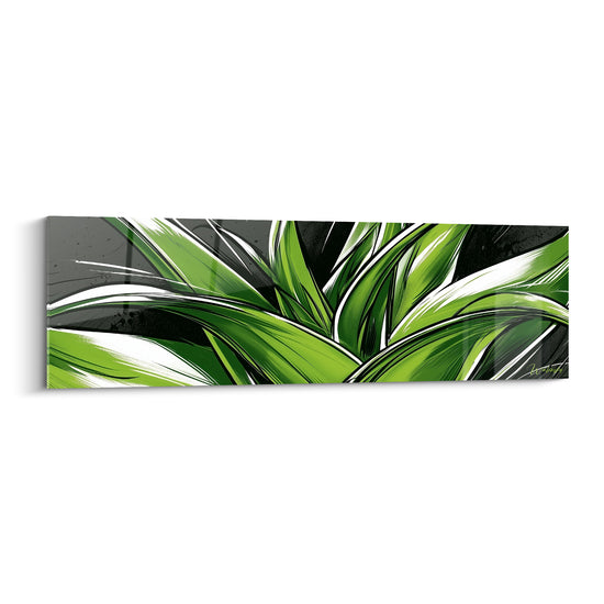 Tableau Aloe vera vert et blanc étalé sur fond anthracite - Feuillage panoramique large - Edition Aloe vera