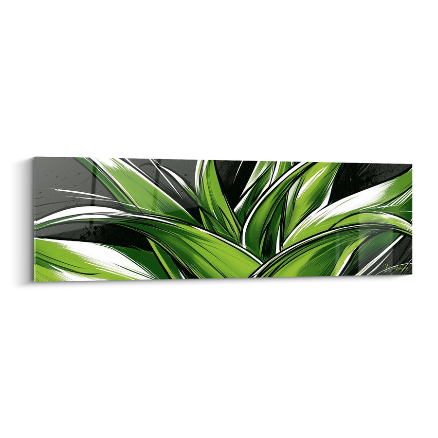 Tableau Aloe vera vert et blanc étalé sur fond anthracite - Feuillage panoramique large - Edition Aloe vera