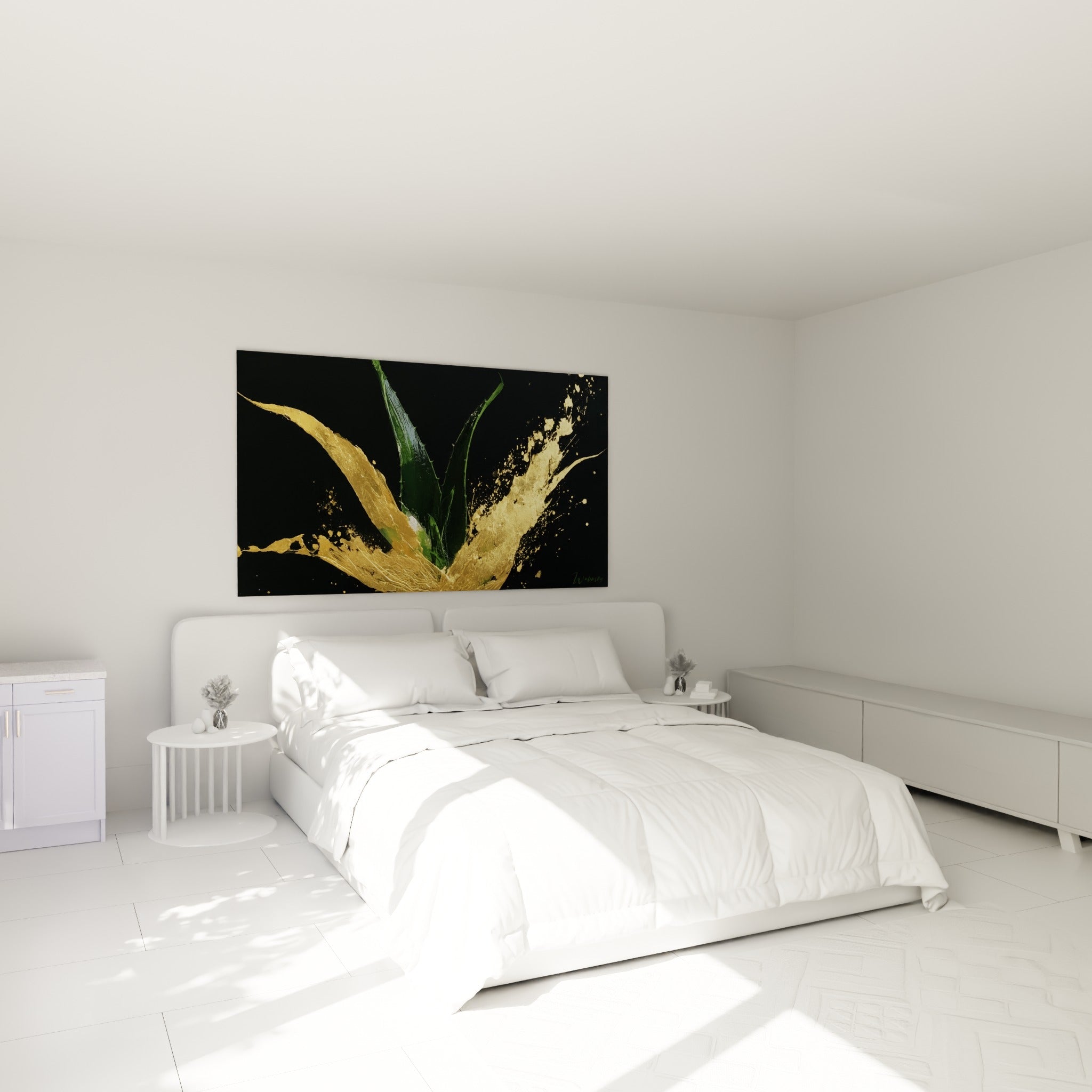 Plante aloe vera dorée et verte peinte au-dessus d'un lit dans une chambre claire