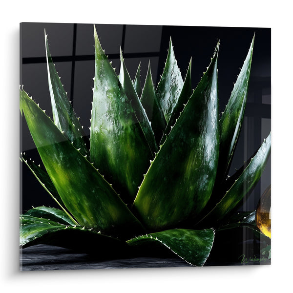 Tableau Aloe vera vert sombre aux épines blanches - Flacon ambré en arrière-plan - Edition Aloe vera