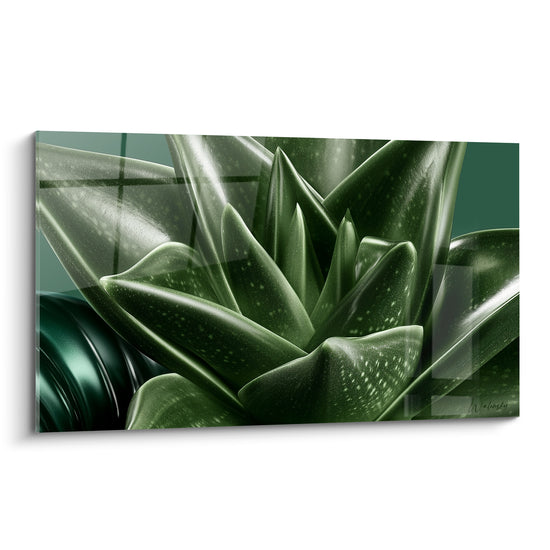 Aloe vera vert émeraude aux feuilles moucheté, pointes acérées et fond anthracite quadrillé