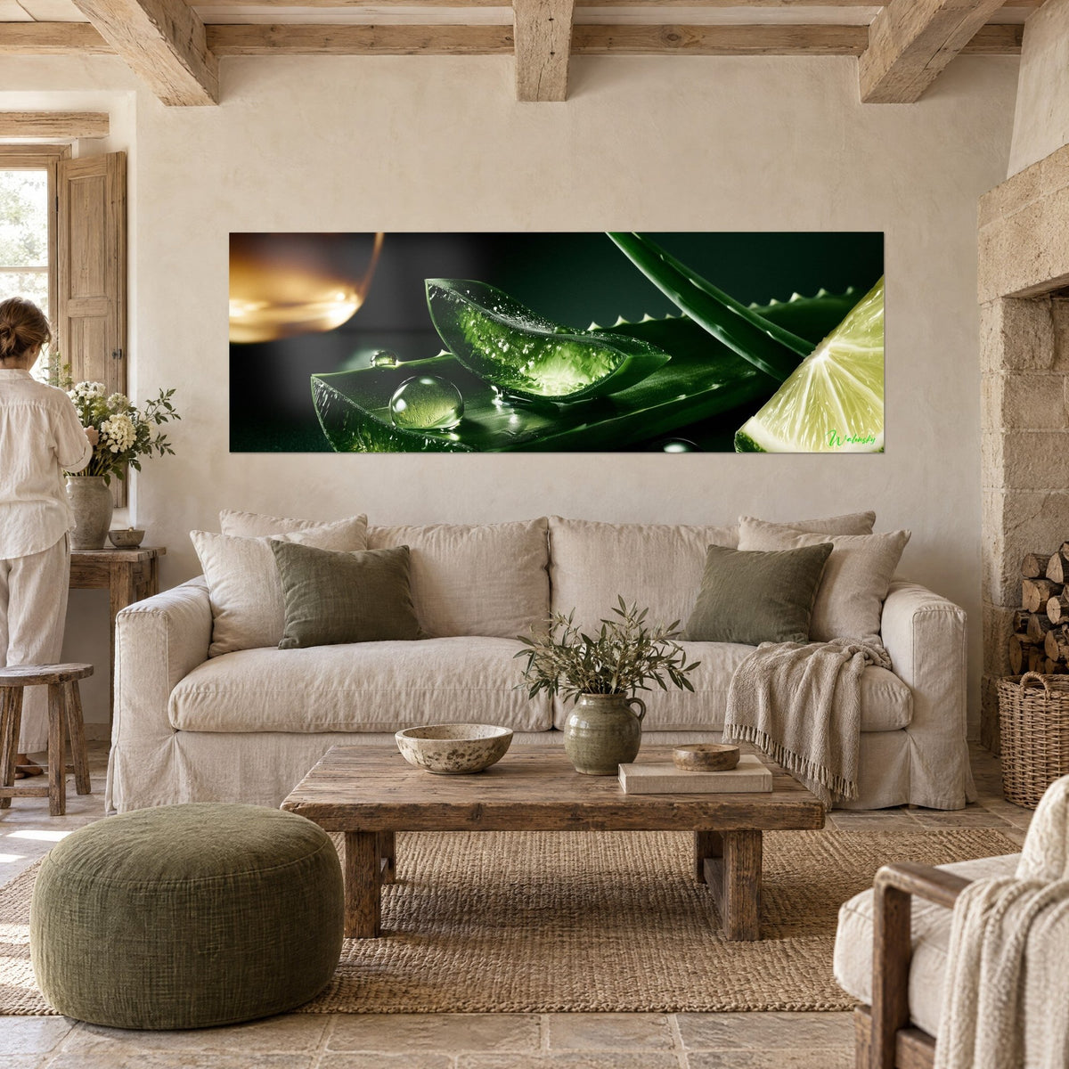 Wall art aloe vera slice frosted with droplets, emerald green and amber, panoramic, above a sofa in a bright living room