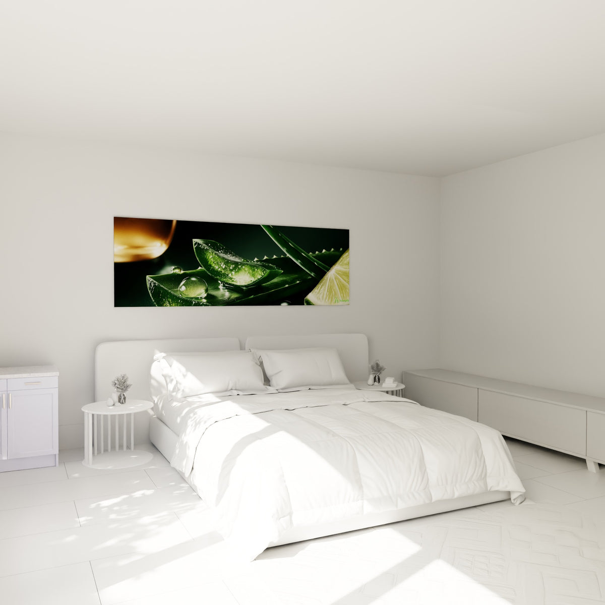 Aloe vera translucide aux gouttes scintillantes au-dessus d'un lit dans une chambre claire