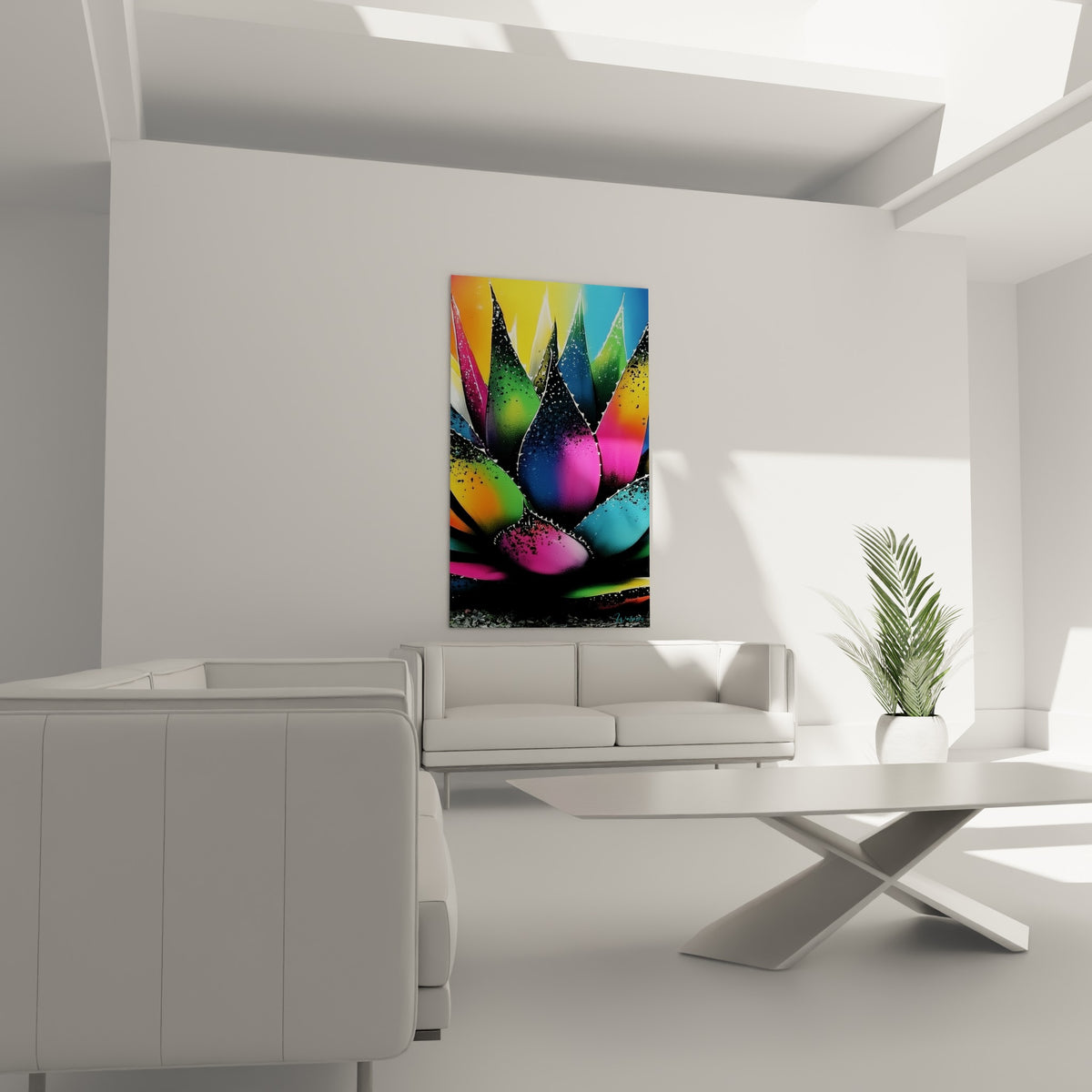 Plante grasse stylisée en rose vif et vert émeraude sur fond noir, au-dessus d'un canapé dans un salon lumineux