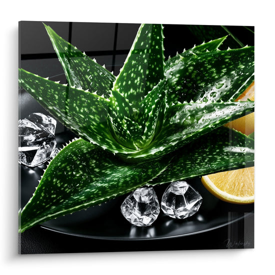 Aloe vera aux feuilles vert profond tachetées, entouré de glaçons et citron sur fond noir