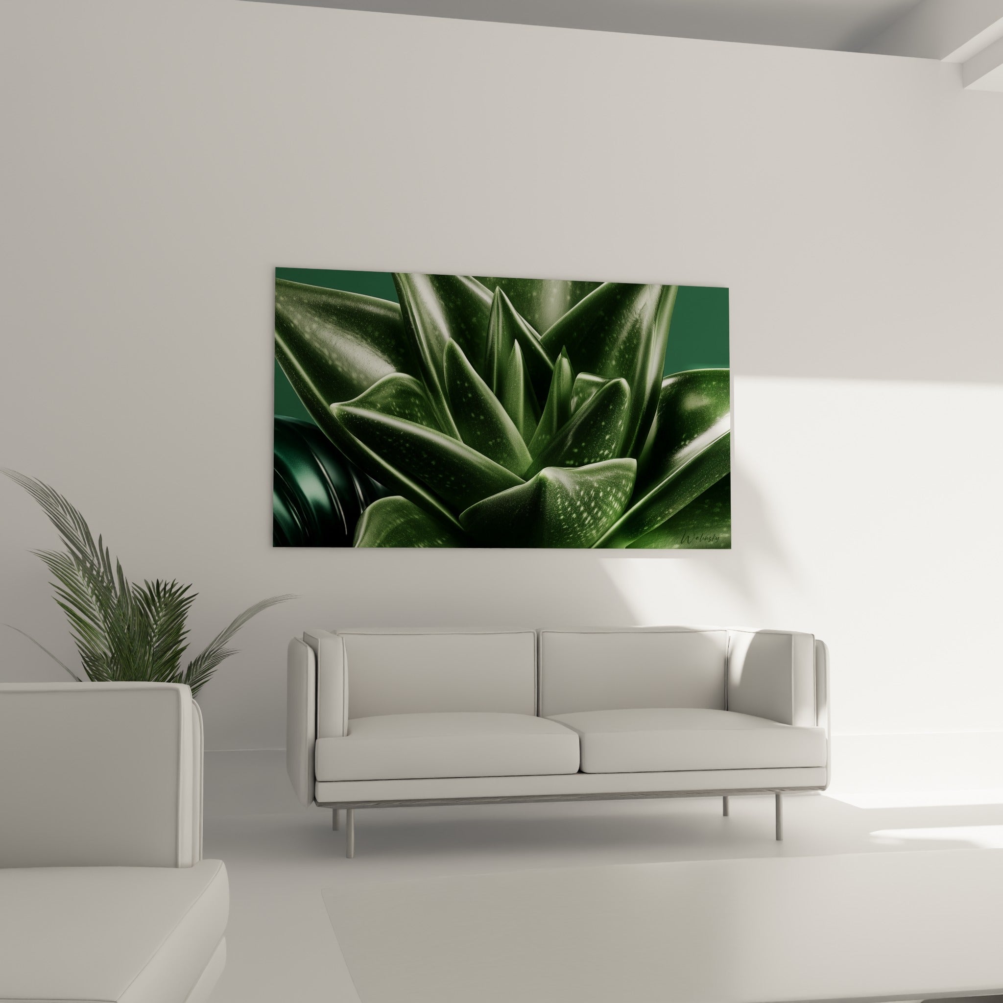 Plante succulente vert émeraude et anthracite, disposée au-dessus d'un canapé dans un salon lumineux
