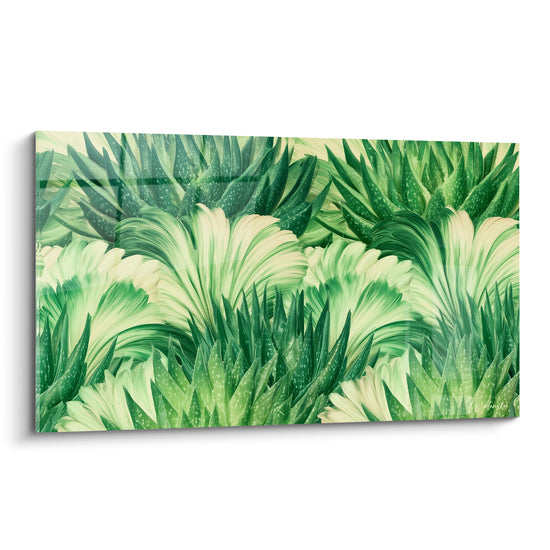 Feuilles d'aloe vera vert profond et crème entrelacées, motifs mouchetés et texture peinte détaillée