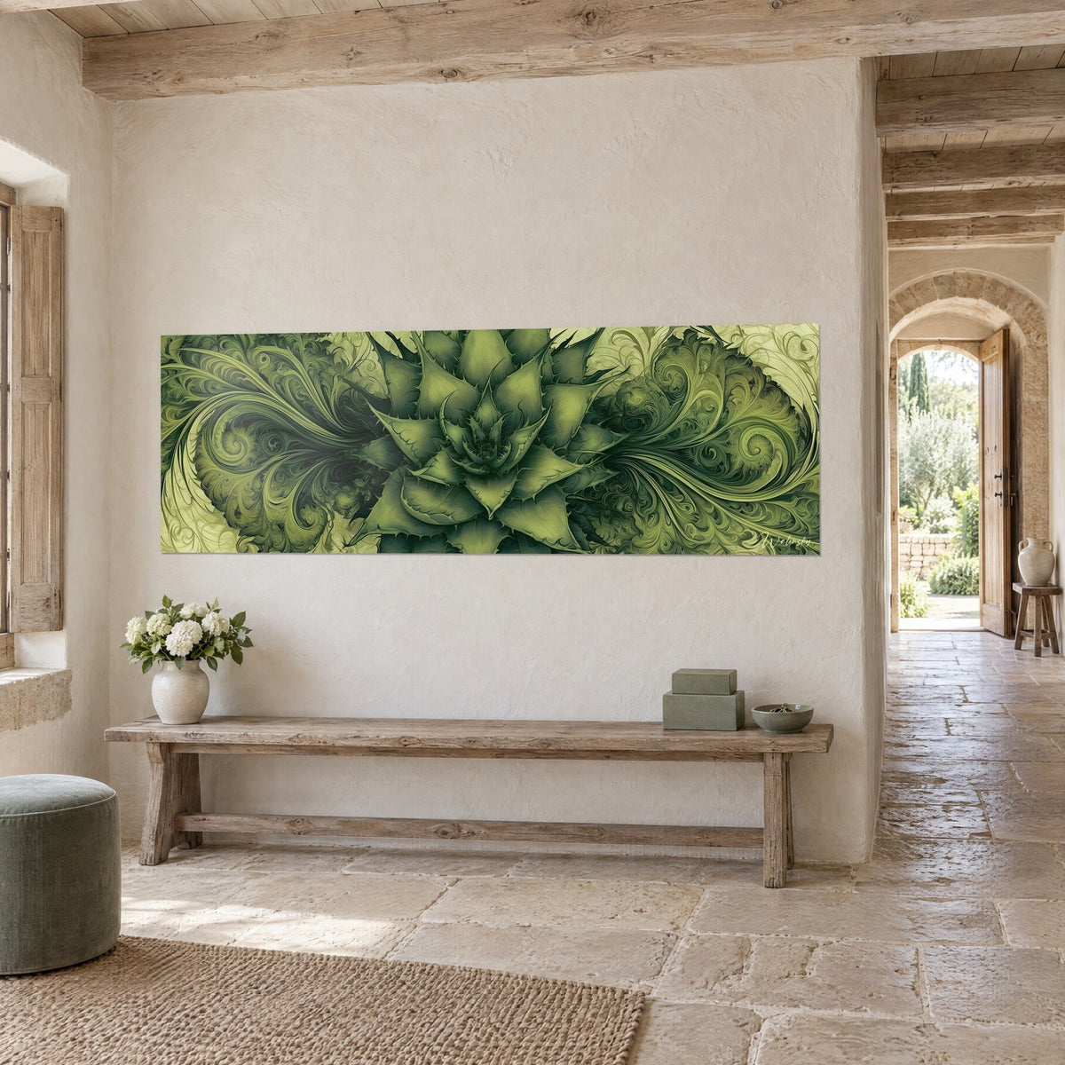 Wall art stylised agave rosette in fir green, moss green arabesques on a cream background, stone country house