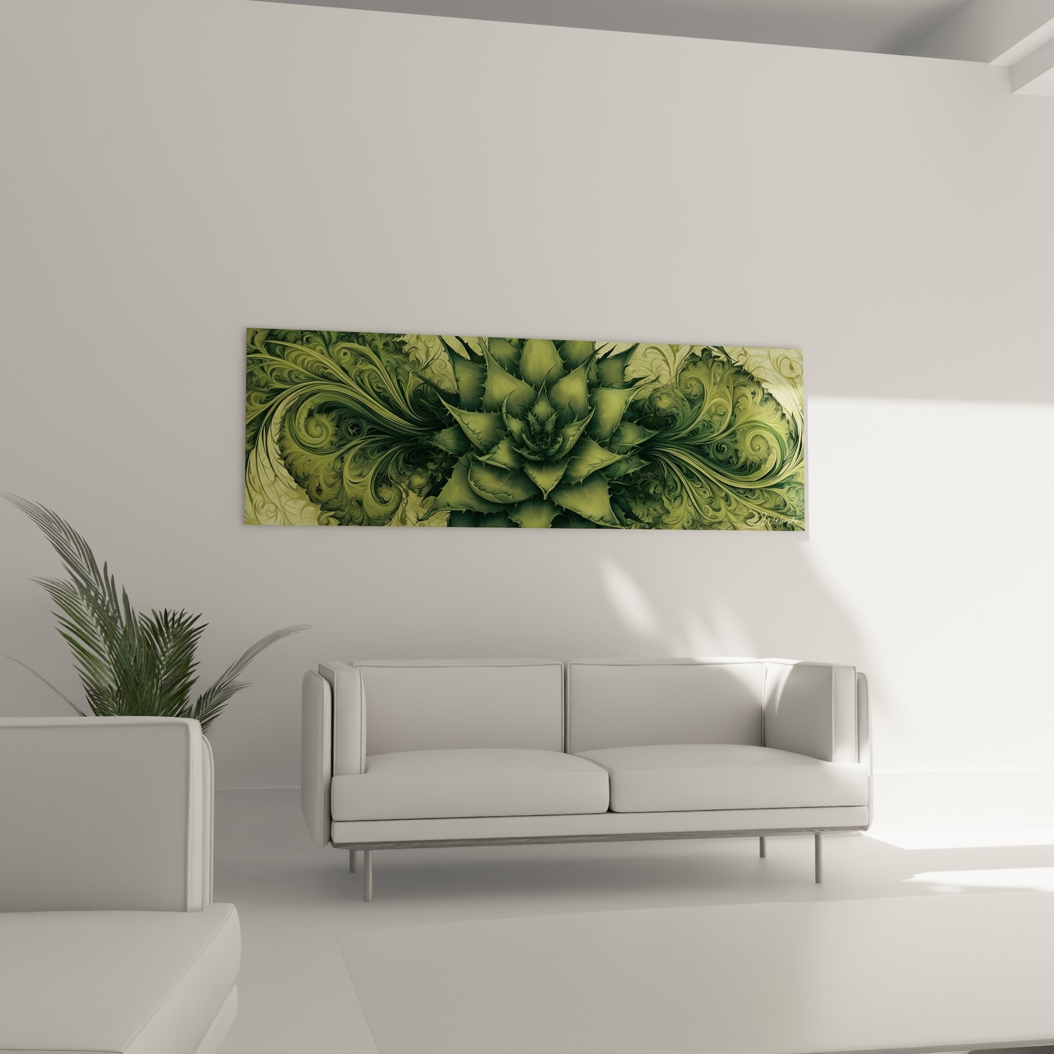 Motif d'aloe vera vert sauge et olive déployé au-dessus d'un canapé dans un salon lumineux