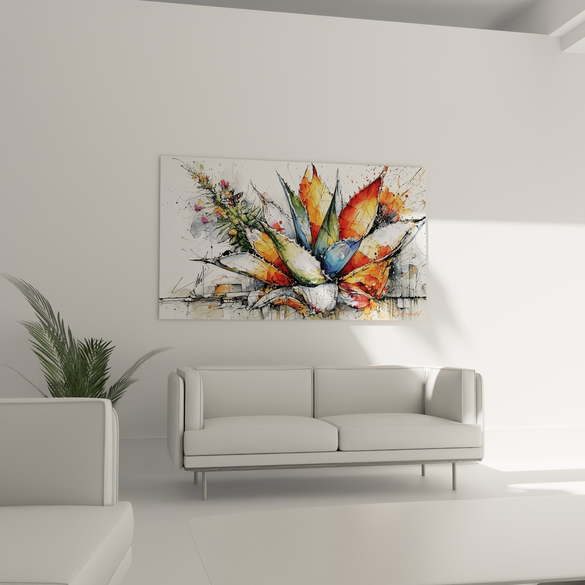 Feuilles pointues d'Aloe vera terracotta et vert sauge au-dessus d'un canapé dans un salon lumineux