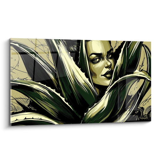 Visage féminin doré émergeant de feuilles vert sombre d'Aloe vera, style graphique intense