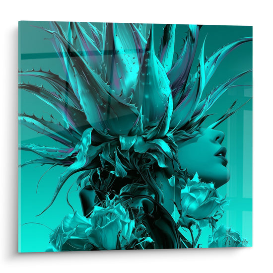 Visage féminin fondu dans des feuilles d'aloe vera turquoise et anthracite, roses en bas de l'œuvre