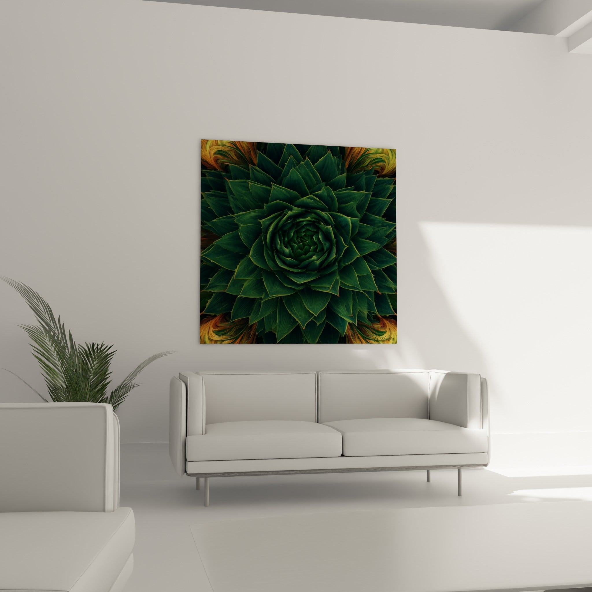 Spirale d'aloe vera vert sombre et doré, disposée au-dessus d'un canapé dans un salon lumineux