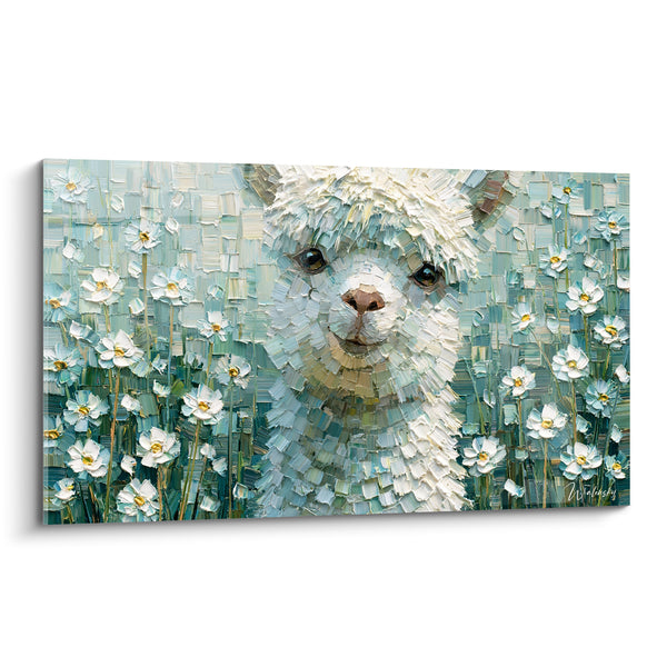 Tableau Alpaga blanc et turquoise parmi les marguerites - Champ fleuri texturé - Edition Alpaga