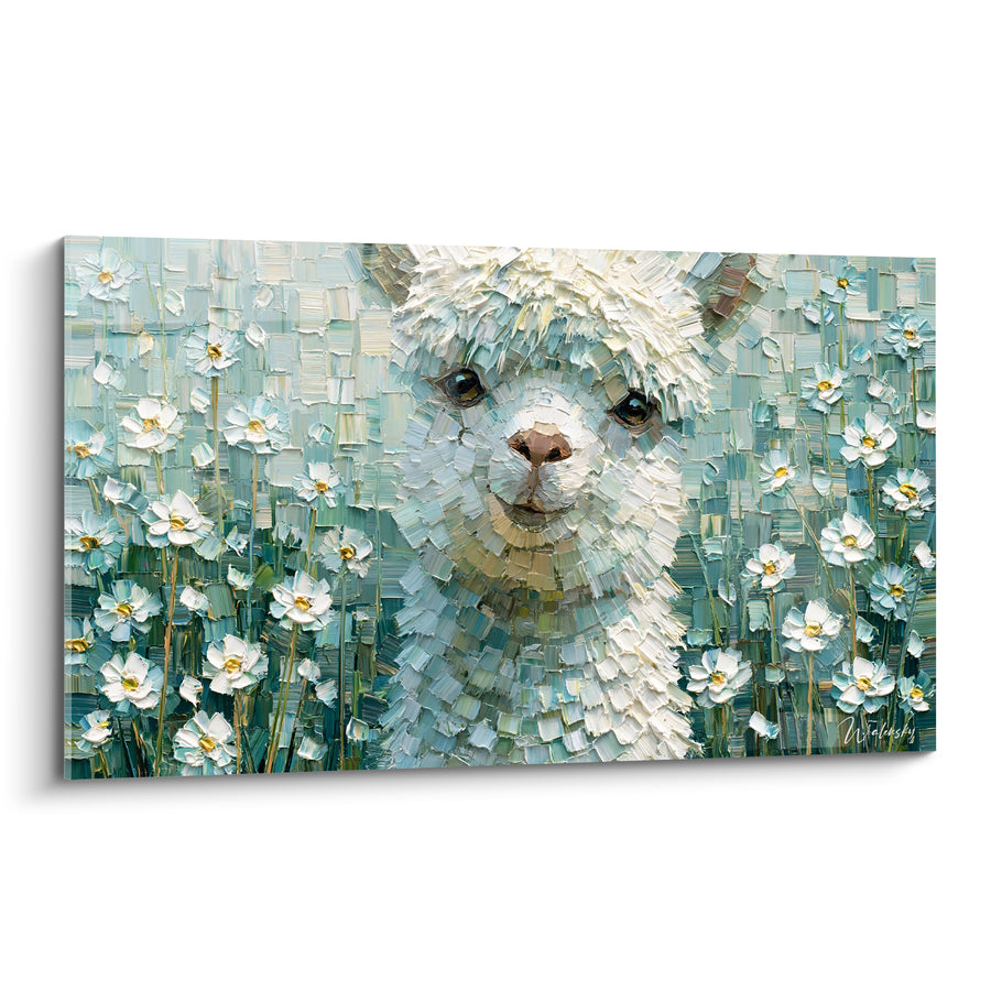 Tableau Alpaga blanc et turquoise parmi les marguerites - Champ fleuri texturé - Edition Alpaga