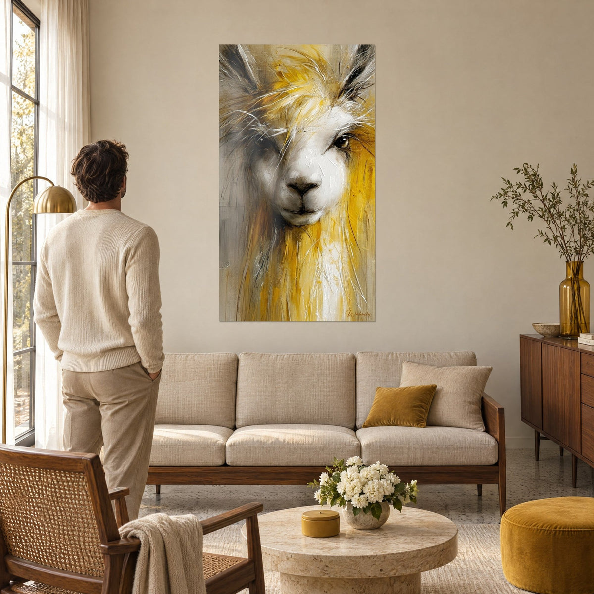 Tableau alpaga blanc au pelage jaune moutarde et regard sombre, un homme en pull crème de dos, au-dessus d'un canapé dans un salon lumineux