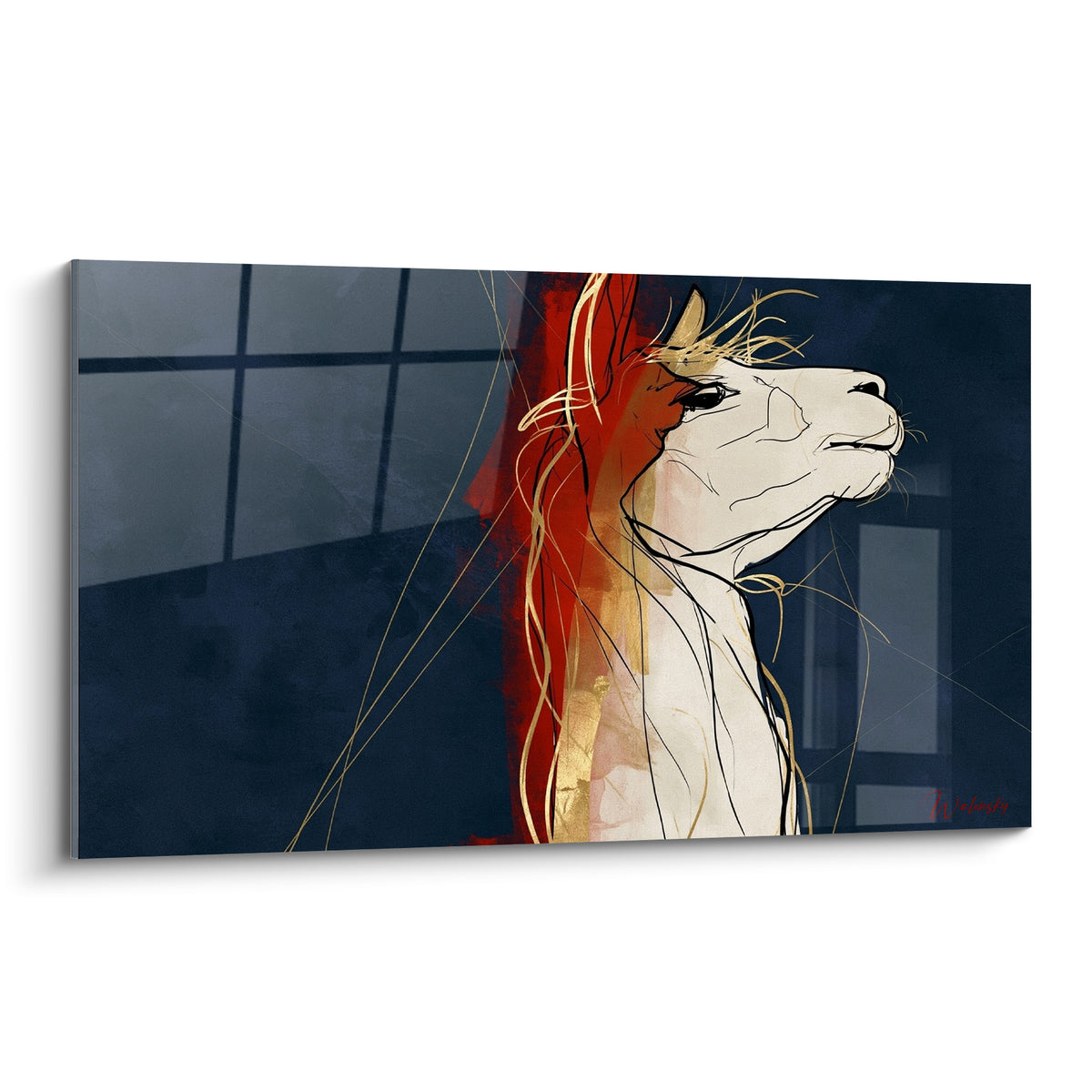 Tableau alpaga blanc au profil esquissé, crinière rouge et dorée sur fond bleu marine intense