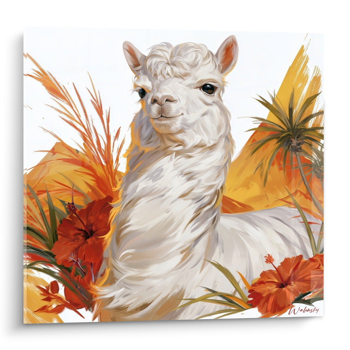 Quadro alpaca bianca dallo sguardo dolce, circondata da fiori arancioni e rilievi dorati dipinti