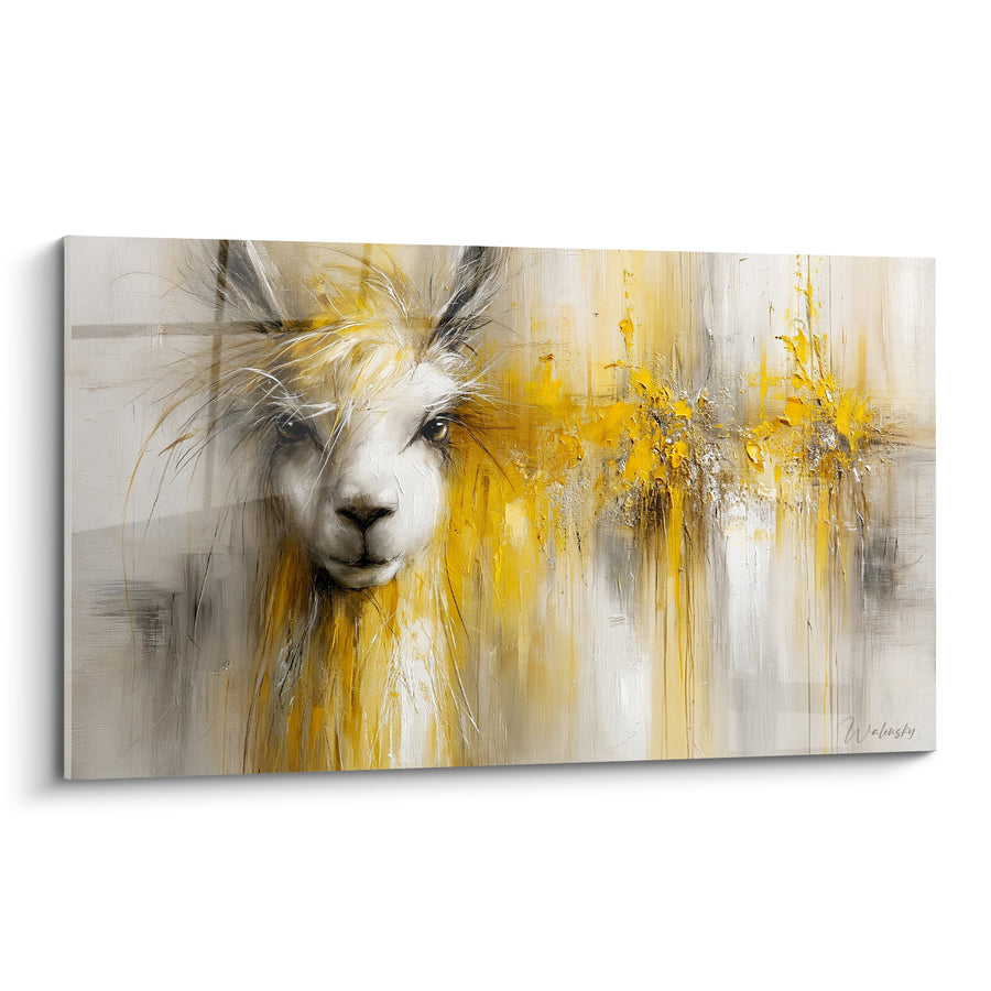 Tableau Alpaga blanc et jaune aux coulures ruisselantes - Ruissellement doré vertical - Edition Alpaga