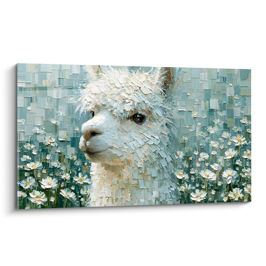 Tableau Alpaga blanc vert parmi les marguerites - Douceur champêtre - Edition Alpaga