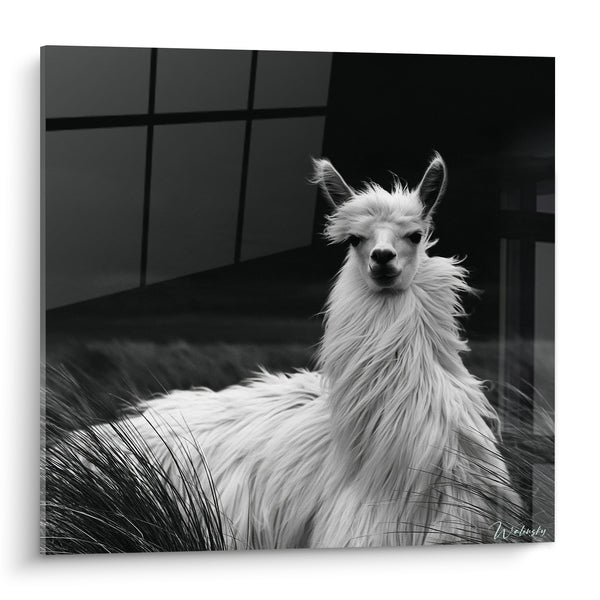 Tableau Alpaga blanc au pelage ébouriffé - Regard des hautes plaines - Edition Alpaga