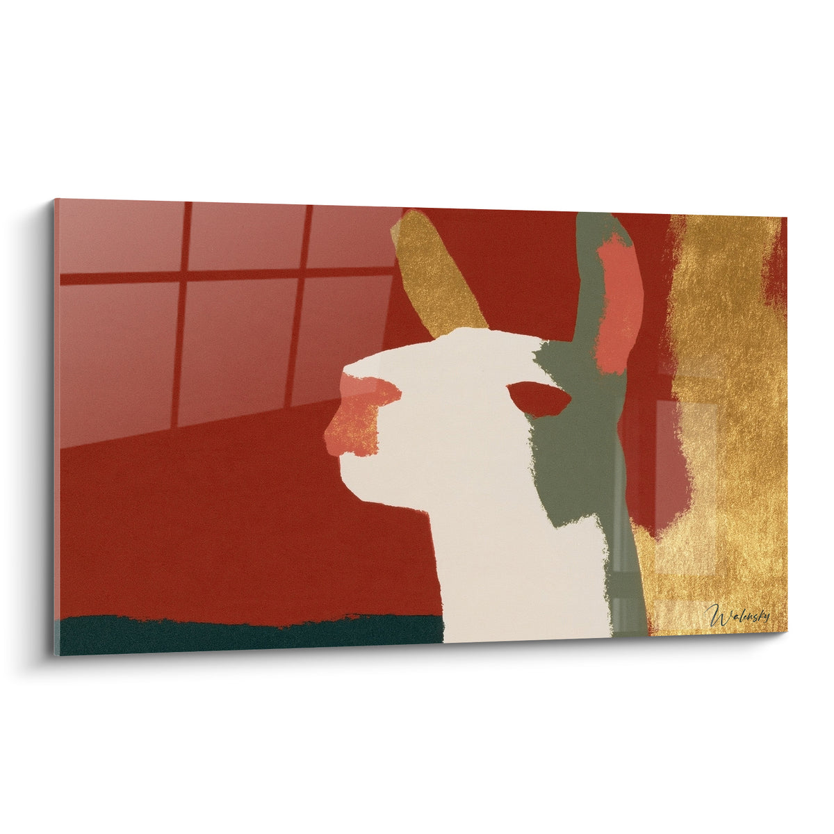 Alpaga blanc de profil sur fond terracotta et doré, style graphique épuré aux touches olive