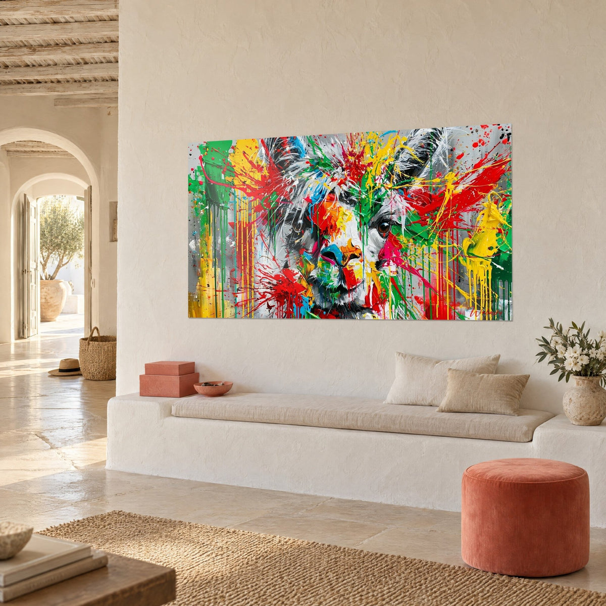 Tableau portrait de lama en peinture gestuelle, coulures jaunes et taches rouges sur fond gris, vue de biais près d'une banquette blanche