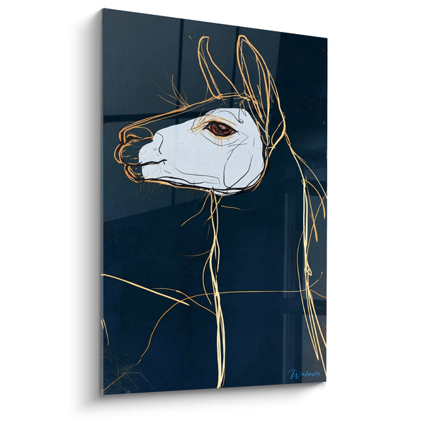 Tableau Alpaga blanc et bleu marine aux fils dorés - Regard perçant ambré - Edition Alpaga