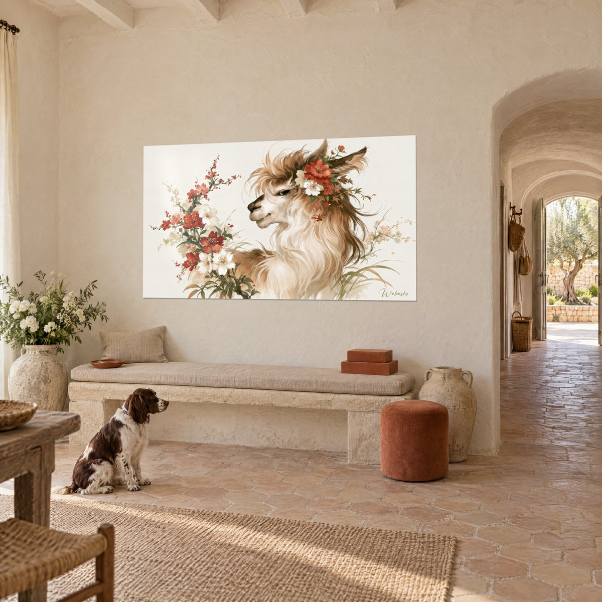 Tableau lama à la toison beige ébouriffée, branches de fleurs rouges et blanches, mas provençal, spaniel assis sur les tomettes