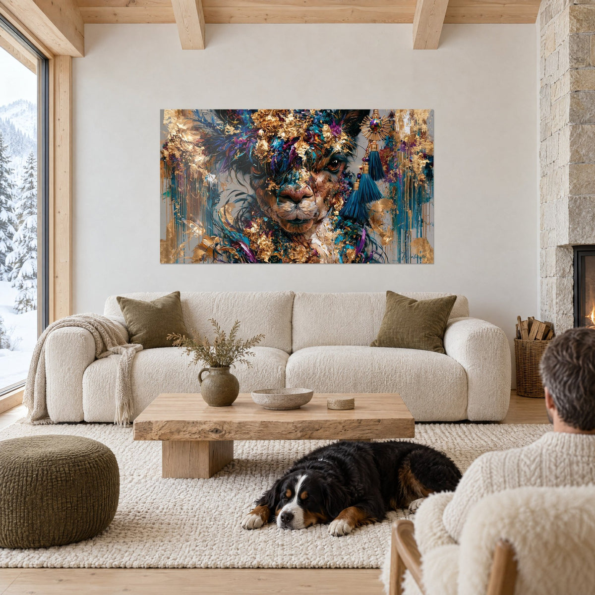 Tableau alpaga au regard ambré, plumage bleu et paillettes d'or, vu par un couple et son chien, au-dessus d'un canapé dans un salon lumineux
