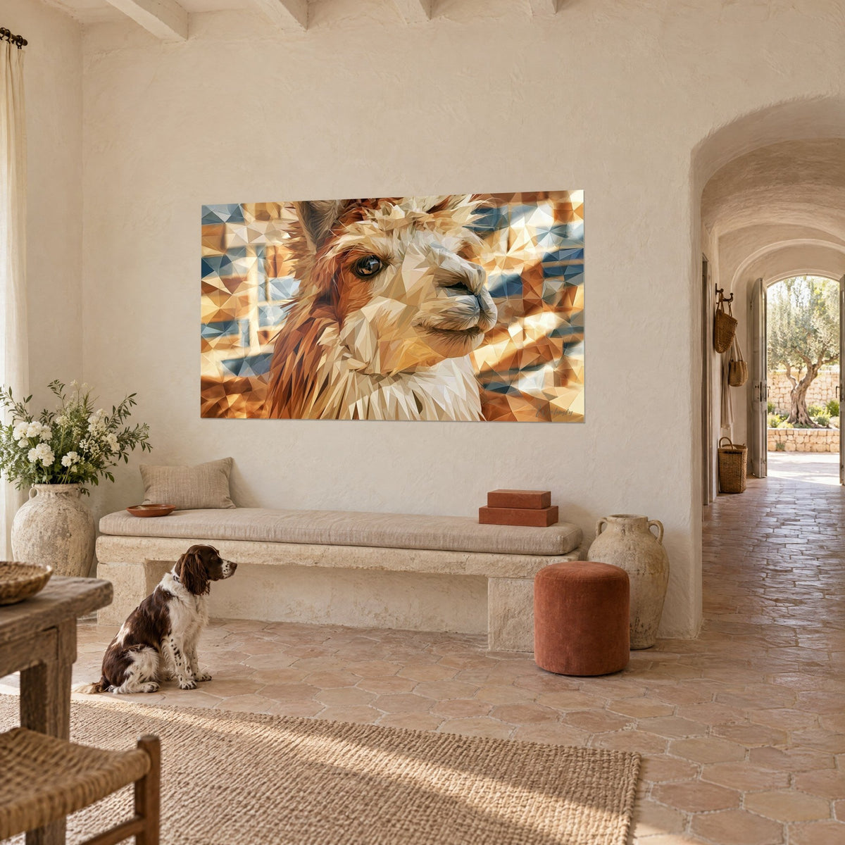 Quadro ritratto di lama in poligoni beige e rame, occhio marrone lucente, uno spaniel seduto sulle piastrelle in cotto di un casale provenzale