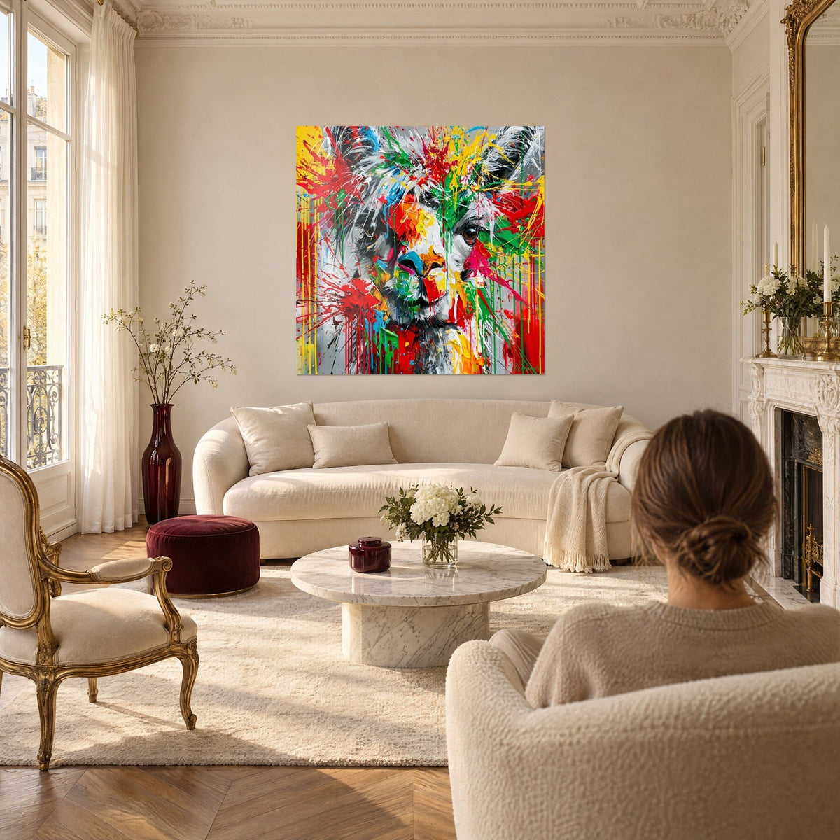 Tableau alpaga éclaboussé de rouge vif et jaune citron, regard brun intense, une femme de dos, au-dessus d'un canapé dans un salon lumineux