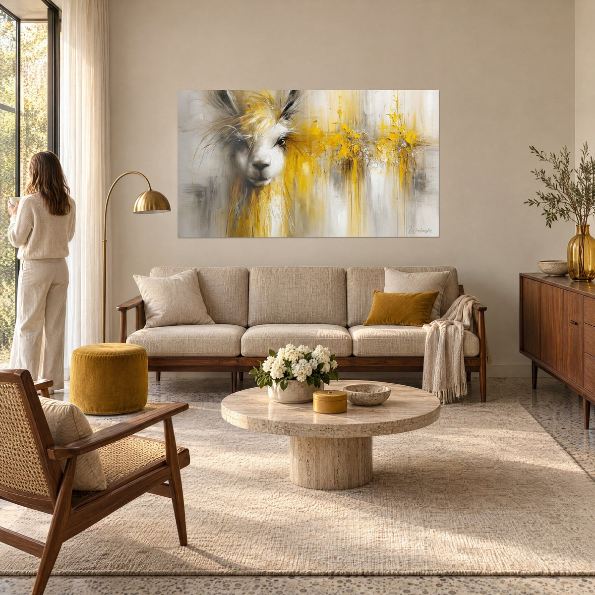 Quadro lama dal pelo bianco e colature giallo senape, persona di spalle, sopra un divano in un soggiorno luminoso