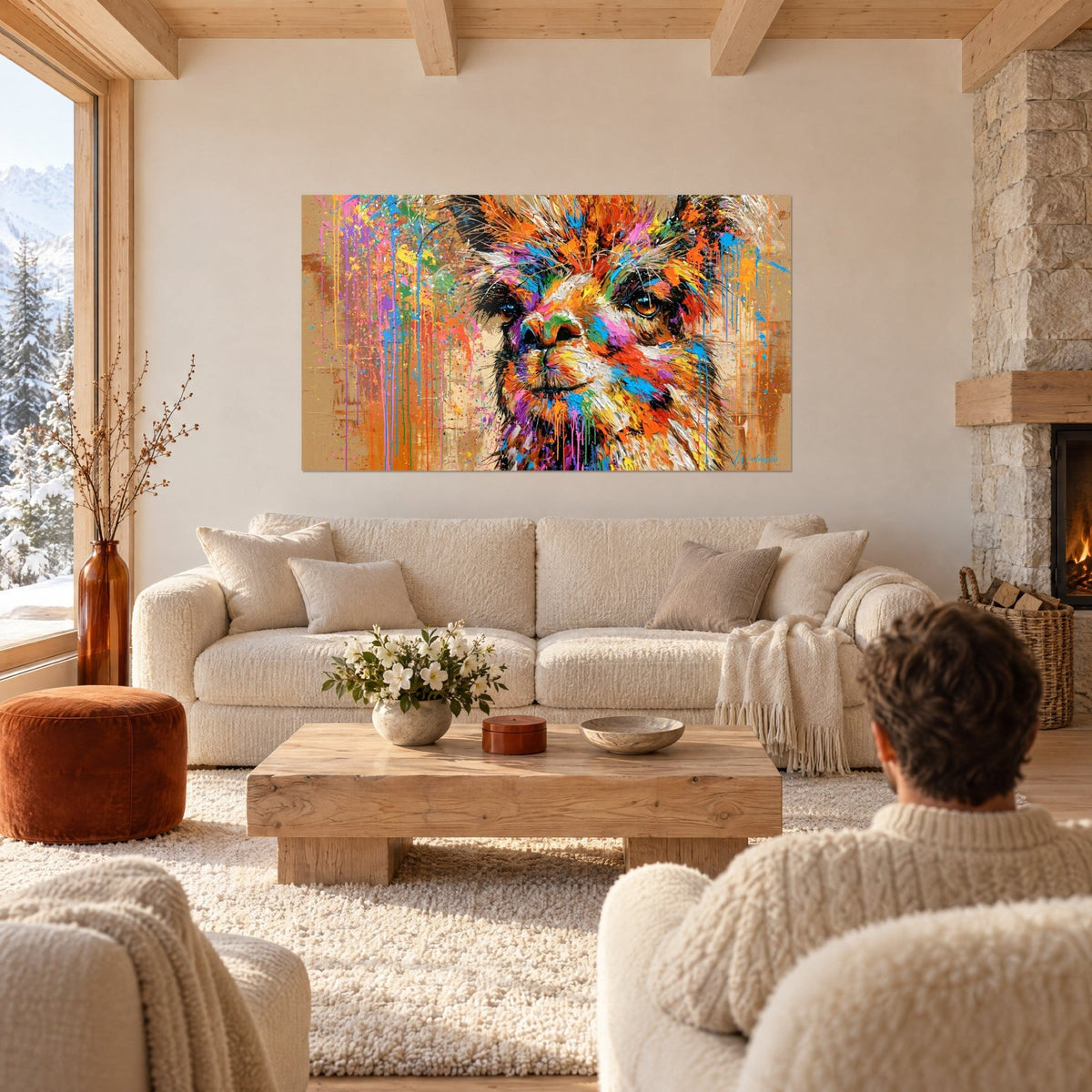 Tableau alpaga peint aux coulures orange et rose, deux personnes de dos, au-dessus d'un canapé dans un salon lumineux