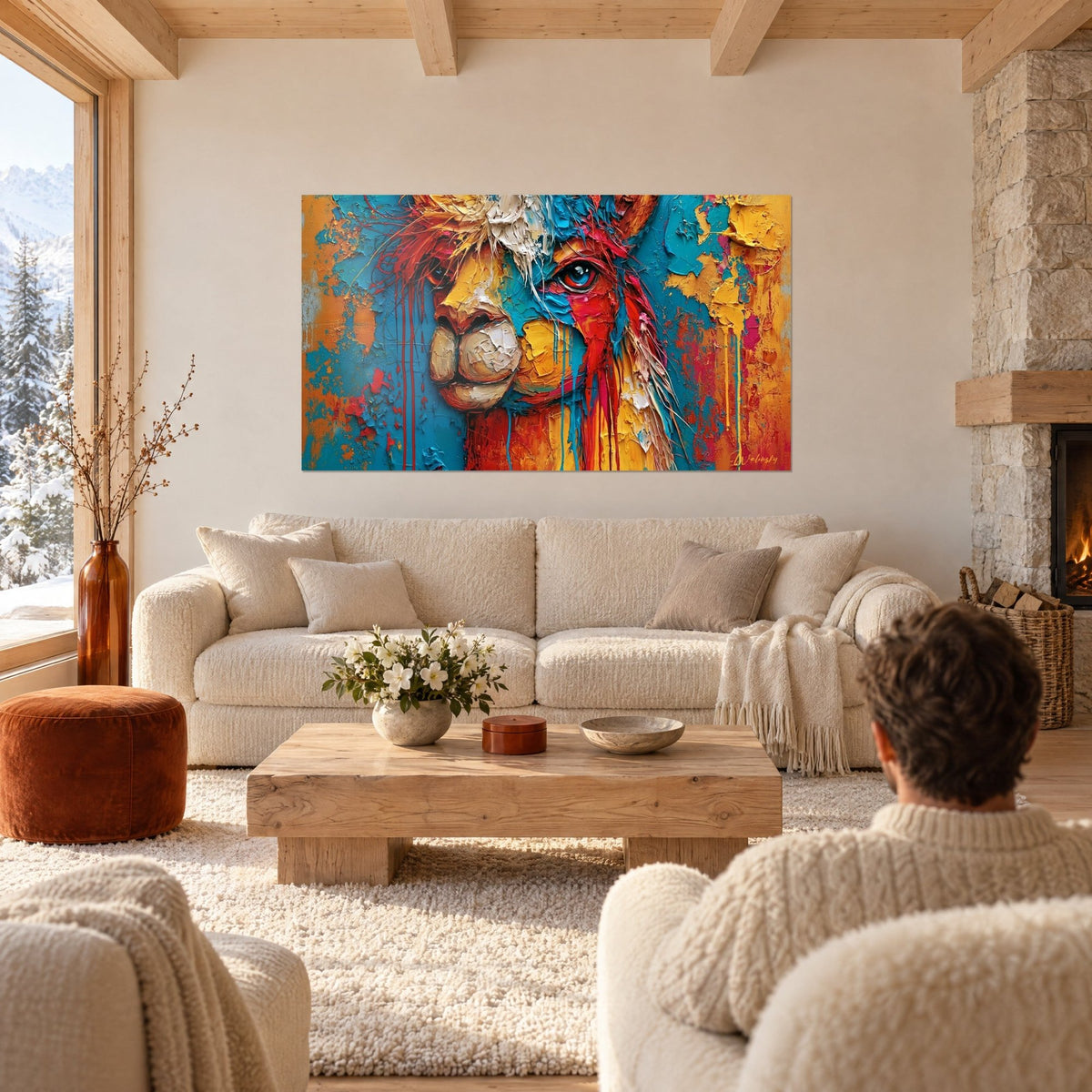 Tableau alpaga au regard bleu et coulures rouges, pâte épaisse jaune et turquoise, au-dessus d'un canapé dans un salon lumineux
