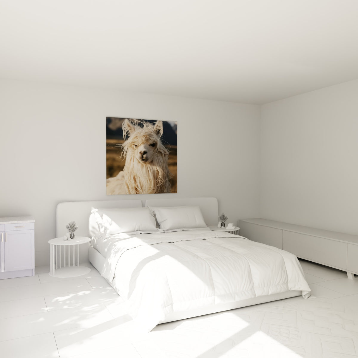 Alpaga décoiffé aux mèches dorées et blanches, accroché au-dessus d'un lit dans une chambre claire