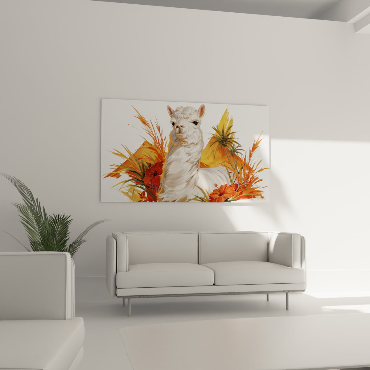Portrait d'alpaga crème encadré de végétation orangée et sable, au-dessus d'un canapé dans un salon lumineux