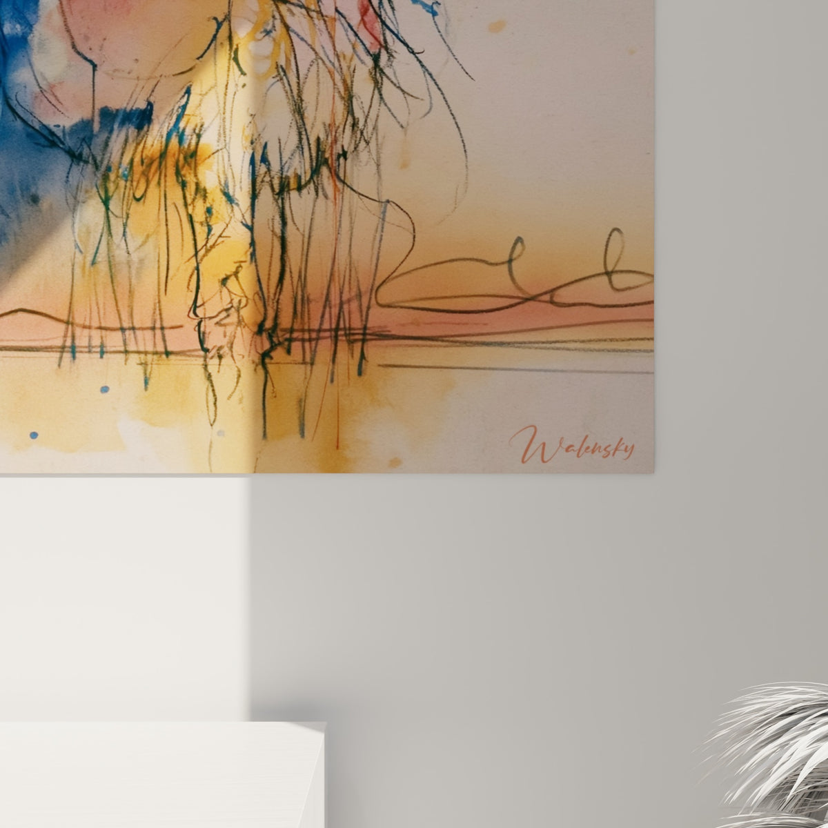 Détail des empâtements bleu marine et coulures orange brûlé sur la toile de l'alpaga