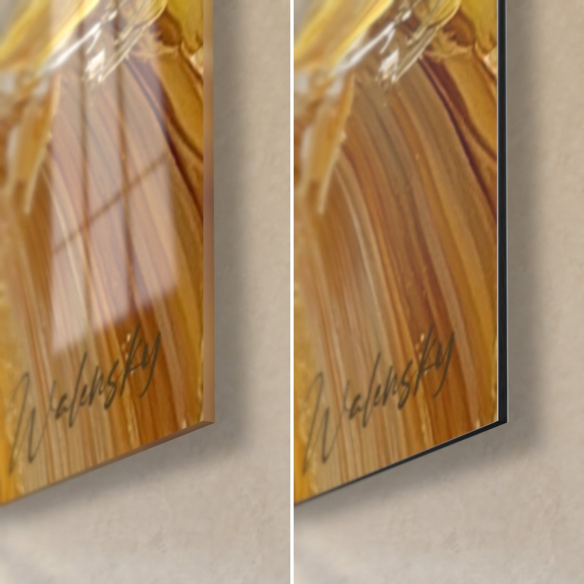 Gemälde goldenes Lama in Nahaufnahme, untere rechte Ecke: glänzendes Acrylglas links, mattschwarzes Dibond rechts, feine Kante