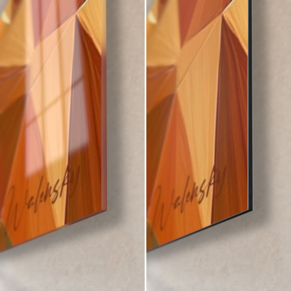 Gemälde Alpaka in Ocker- und Orangetönen, untere rechte Ecke aus glänzendem Acrylglas und mattem Dibond-Alu, 3 mm Kante sichtbar