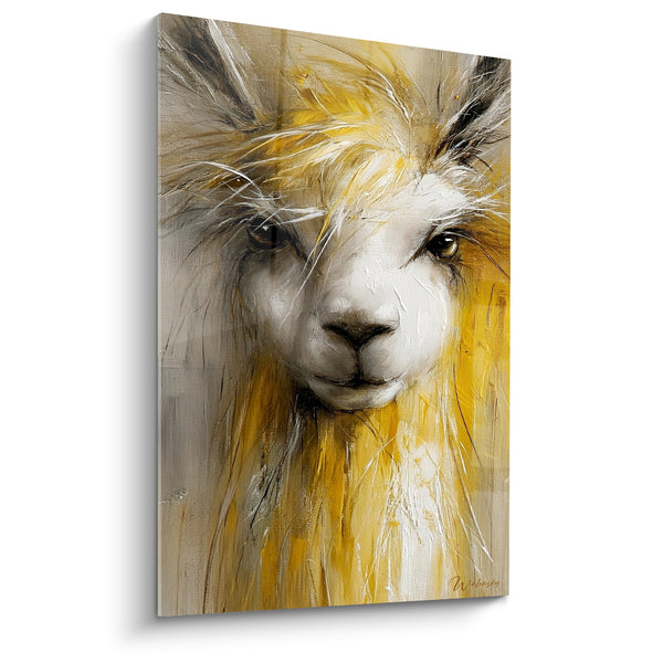 Tableau Alpaga blanc et jaune aux mèches filiformes - Regard fixe intense - Edition Alpaga