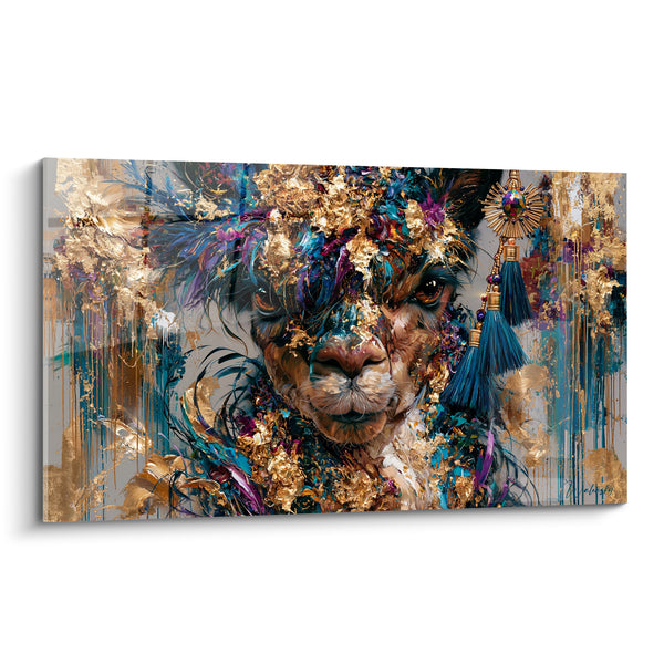 Tableau Alpaga doré et turquoise aux pompons suspendus - Bijou à médaillon - Edition Alpaga