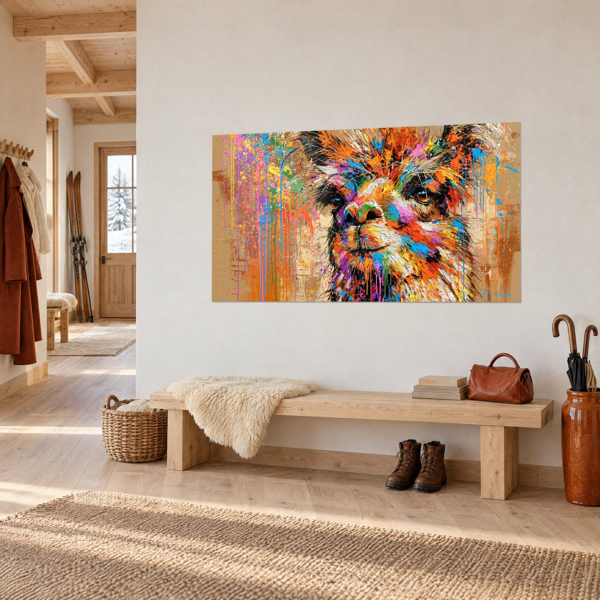 Tableau lama au pelage turquoise et jaune vif, vue de trois quarts, mur blanc d'un chalet, banc en bois