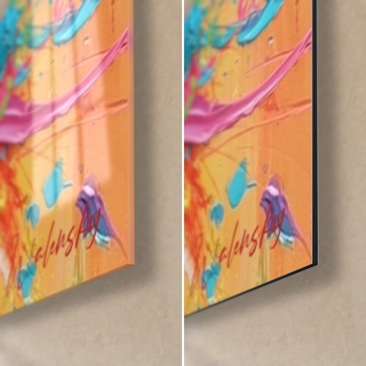 Tableau alpaga aux touches turquoise et roses, coin bas droit : verre acrylique brillant à gauche, Dibond mat à droite, tranche fine